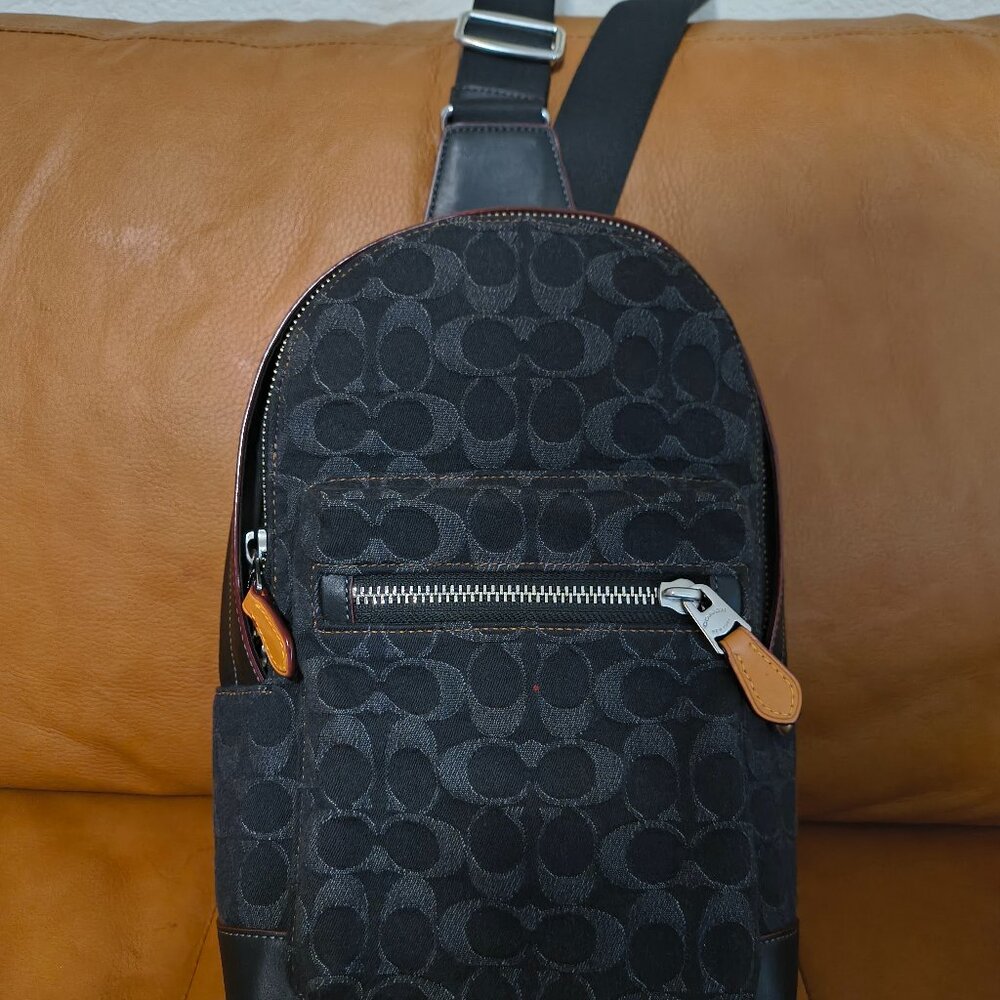 Coach Men’s Signature Embossed Denim Sling Backpack Crossbody Black